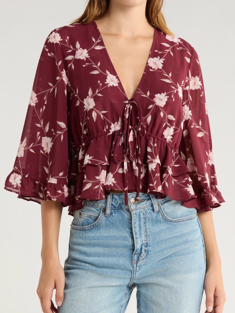 Wayf Burgundy Floral Tie-Front Ruffle Blouse
